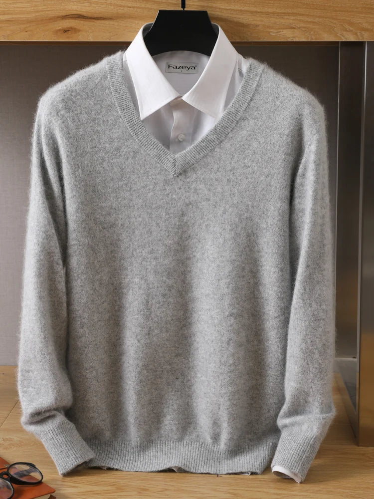 MVLYFLET 2024 NEW Men's 100% Mink Cashmere Sweater V-Neck Pullovers Knit Large Size Winter New Tops Long Sleeve High-End Jumpers