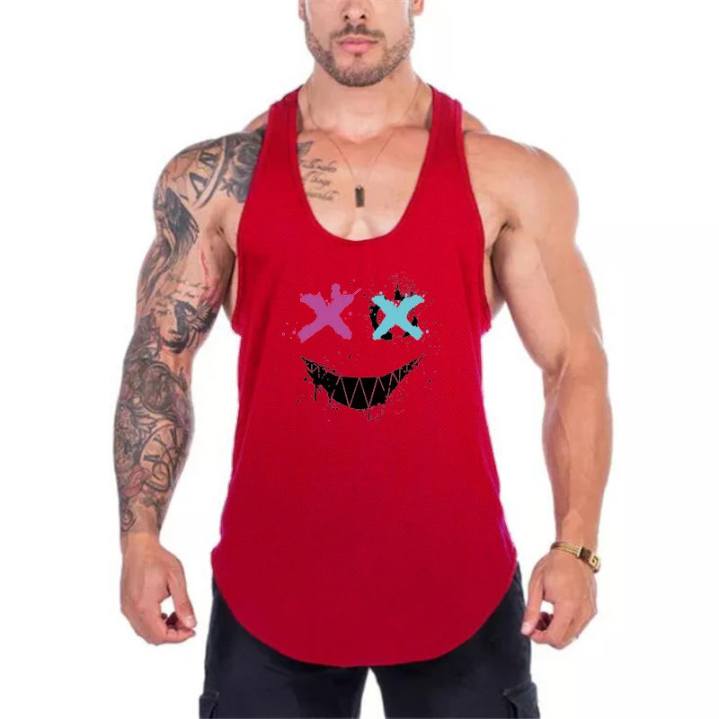 Trendy Personality Funny XX Smile Face Gym Fitness Vest Men Bodybuilding Sleeveless Tank Tops Mesh Quick Dry Racer Back T-Shirt