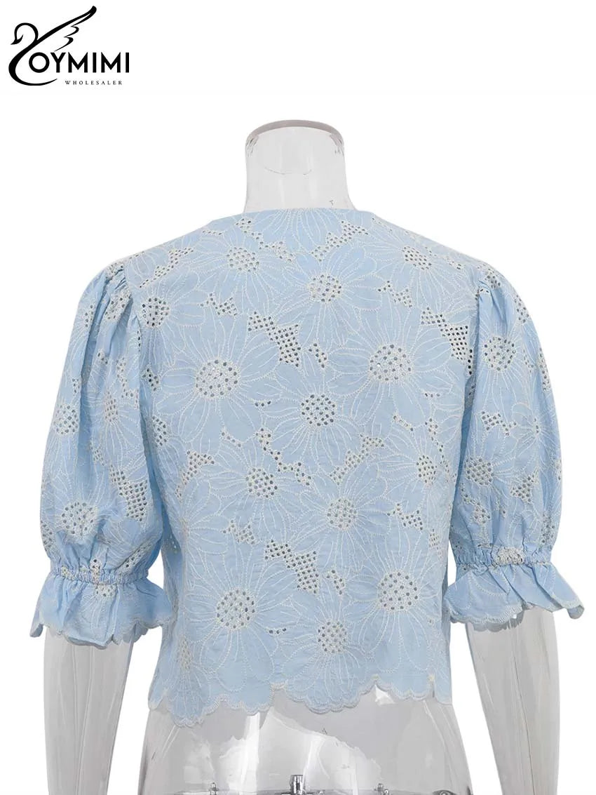 Oymimi Fashion Blue Print Women's Shirt Elegant O-Neck Hollow Out Half Sleeve Shirts Summer Autumn Single Breasted Cotton Shirts