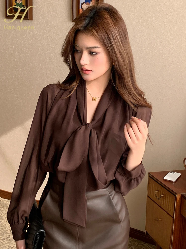 H Han Queen Work Casual Tops Chiffon Blouse New Arrival Shirt Womens Blouse Vintage Bow Elegant Loose Women Business Shirts