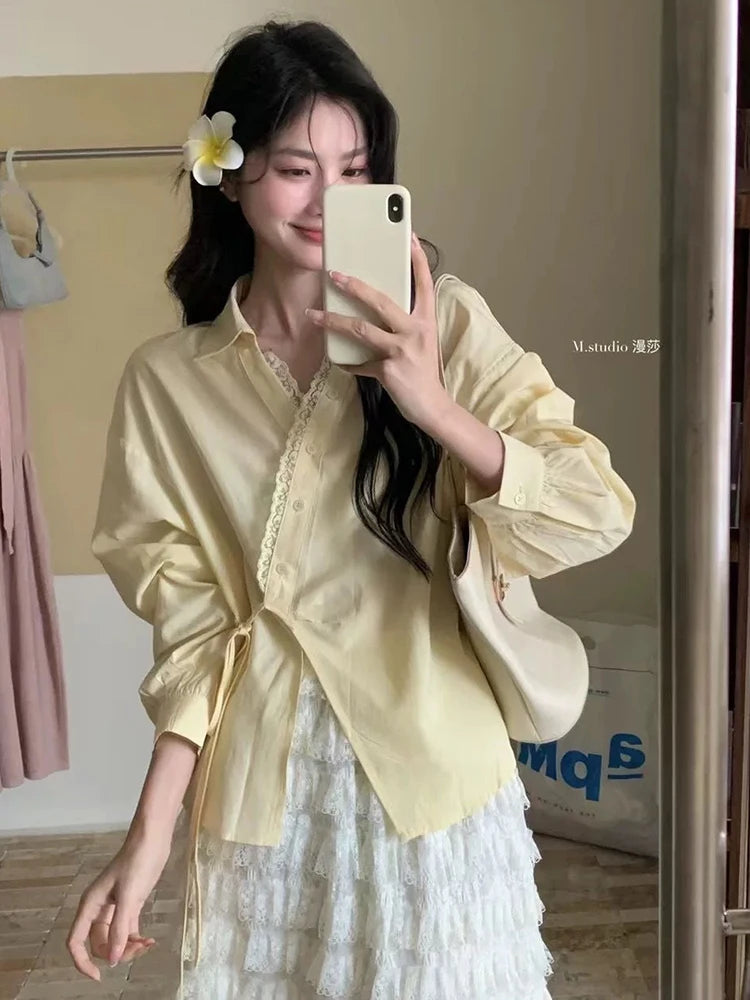 Jmprs Sweet French Retro Shirt Women Lace Patchwork Long Sleeve Elegant Blouse Design V Neck Irregular Spring Lady Lace Up Tops
