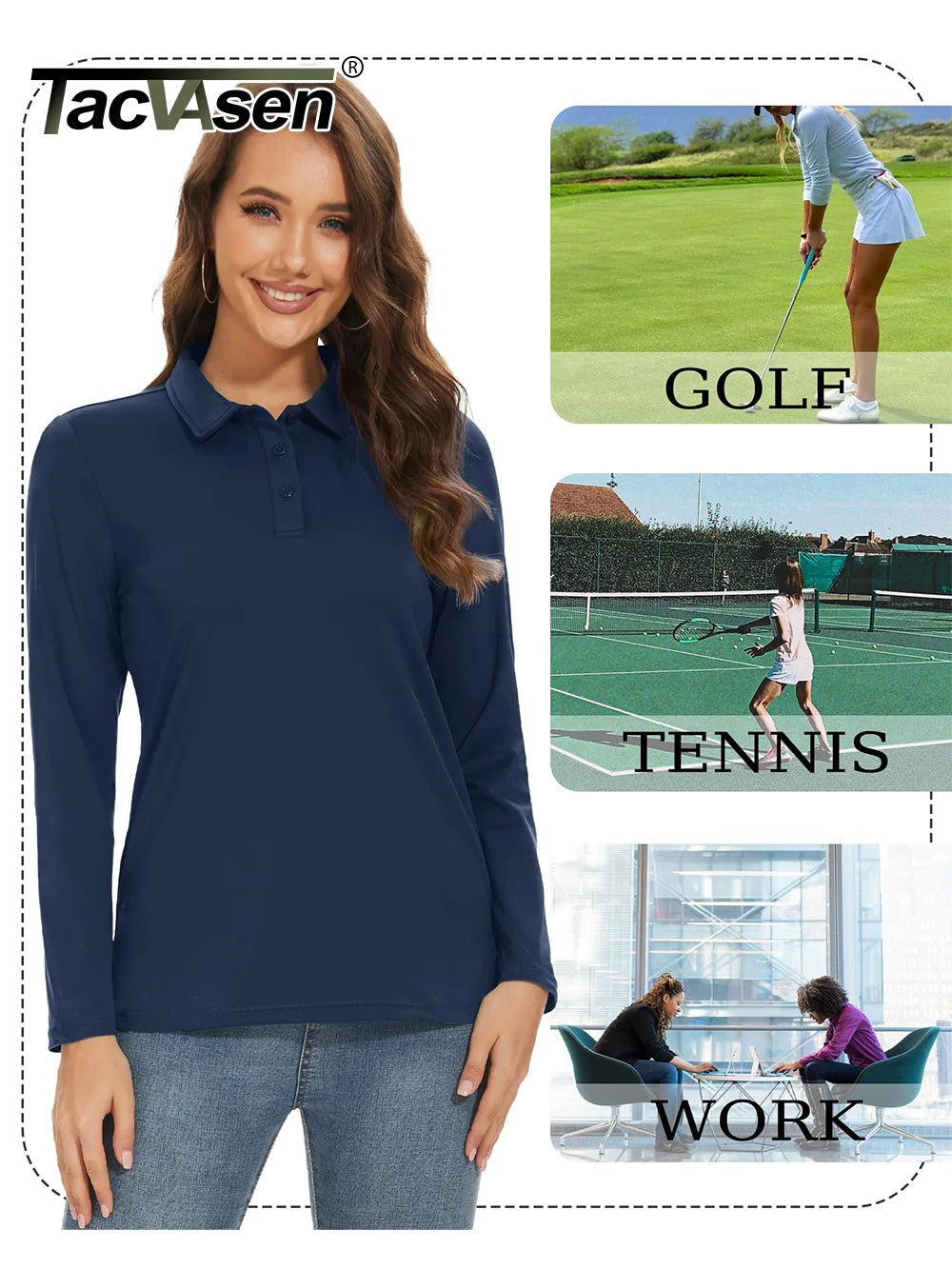 TACVASEN UPF 50+ Golf Polos Shirts Womens Quick Dry Long Sleeve Polo T-shirts Outdoor Traning Hiking T Shirt Pullover Tops