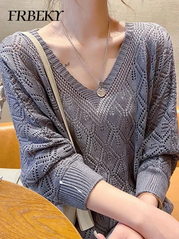 Women's Sweater Fashion V-neck Crochet Hollow Knit Sweater Autumn Thin Loose Bat Shirt Short Paragraph Ladies Tops Korean Jumper