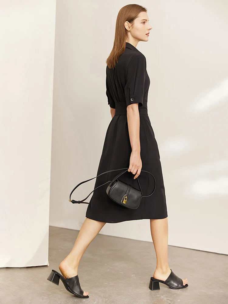 AMII Minimalism Dresses for Women 2023 Summer New Shirt Dress with Belt Waist Office Lady Solid Casual Black Vestidos 12352028