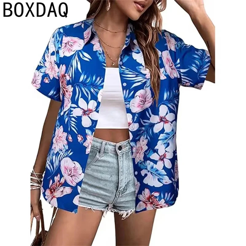 Tropical Coconut Tree Print Women's Hawaii Style Shirt Summer Lapel Short Sleeve Single Breasted Casual Personalized Shirt Tops