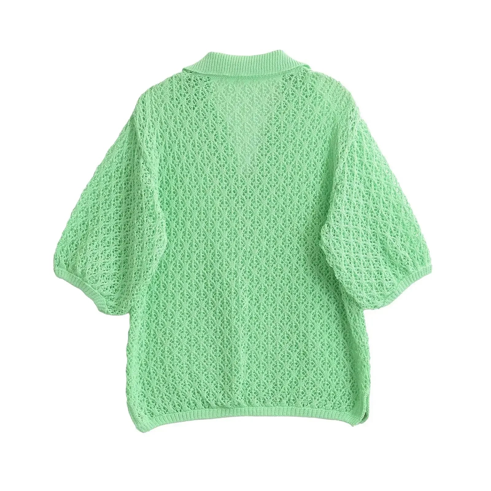 TRAFSHE Women Fashion Jacquard Solid Knitted Hollow Out Pullover Sweater Vintage Lapel Neck Short Sleeve Female Chic Lady Tops