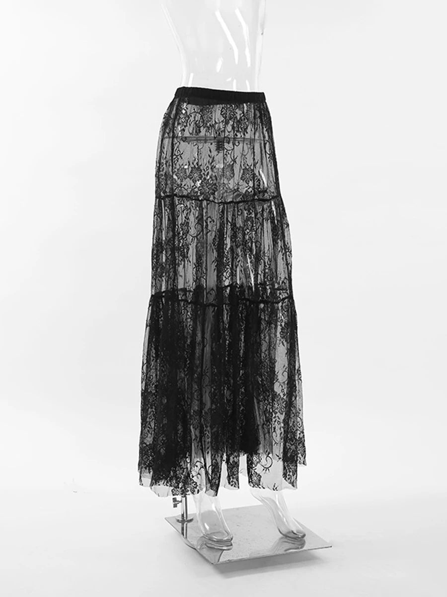 Lace Jacquard Transperant Skirt Women Summer New High Waist Sexy Casual Long Skirts 2025 Streetwear Fashion White Maxi Skirt