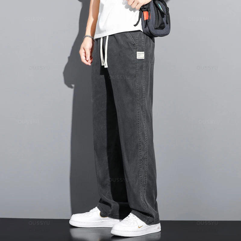 Summer High Quality Lyocell Fabric Jeans Men Loose Straight Thin Elastic Waist Casual Denim Pants Grey Trousers Large Size M-5XL