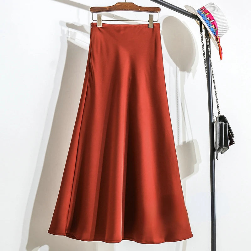 Women's Long Skirt 2024 New Fashion Satin Skirt Office Lady Elastic Waist Solid Champagne Purple Red Silk A-LINE Skirt for Women