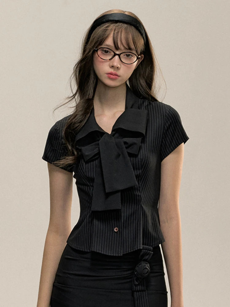Elegant Black Striped Blouse Women Preppy Style Bow Collar Short Sleeve Shirts for Summer 2025 Fashion Slim Fit Lady Crop Tops