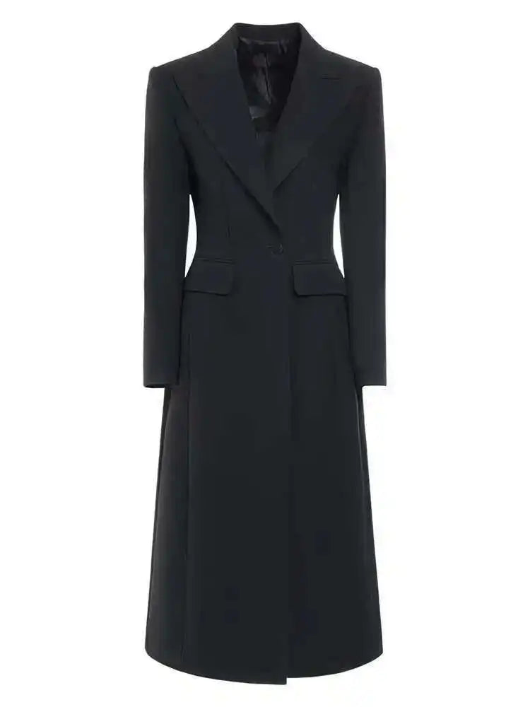 EAM Women Black Slim Ankle Length Blazer New Lapel Long Sleeve Single Button Jacket Fashion Tide Spring Autumn 2025 31A0382