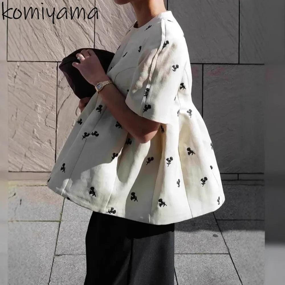 O-neck Bubble Sleeve Shirts & Blouses Flower Embroidery Blusas Mujer Pleated  HemWoman 2025 Clothing Moda Camisas Summer Ropa