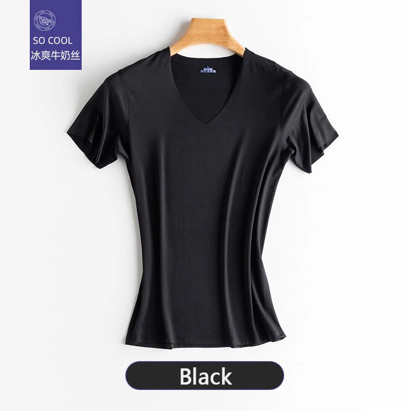 Fashion Summer Seamless Breathable Ice Silk T-Shirt Vest Men's Sports Short Sleeve T-shirt Ice Silk Solid Color V-neck M-5XL