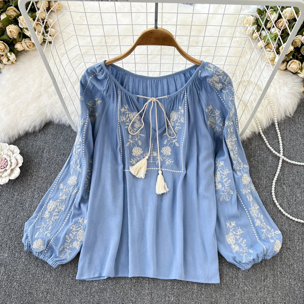 Women Spring Autumn Blouse Vintage National Style Long Sleeve Round Neck Pullover Embroidery Loose Shirt Doll Shirt Top D2761