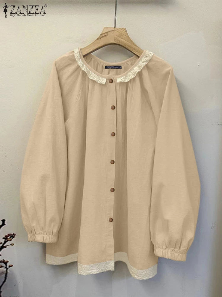 ZANZEA Spring Long Sleeve Solid Cotton Blouse Elegant Women Shirt Vintage Lace Patchwork Tops Mujer Casual Buttons Down Blusas