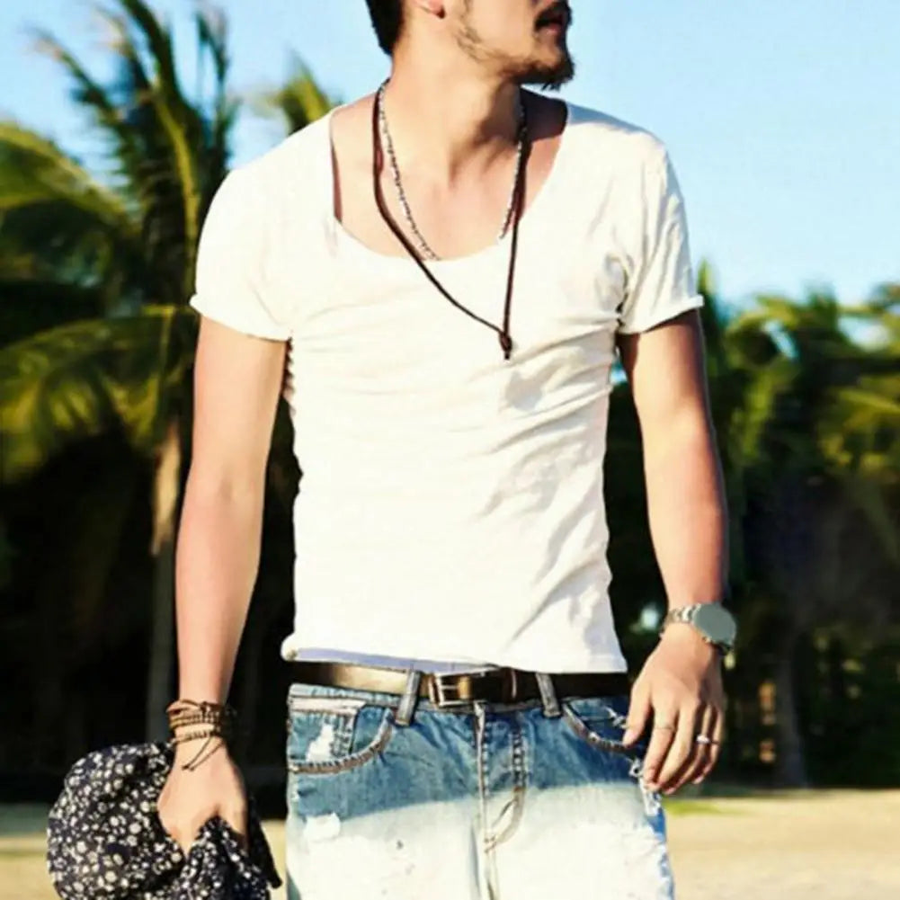 Men Summer T-shirt Large V Neck Thin Casual Male T-shirt Solid Color Slim Fit Breathable Short Sleeves Stretchy Men Top