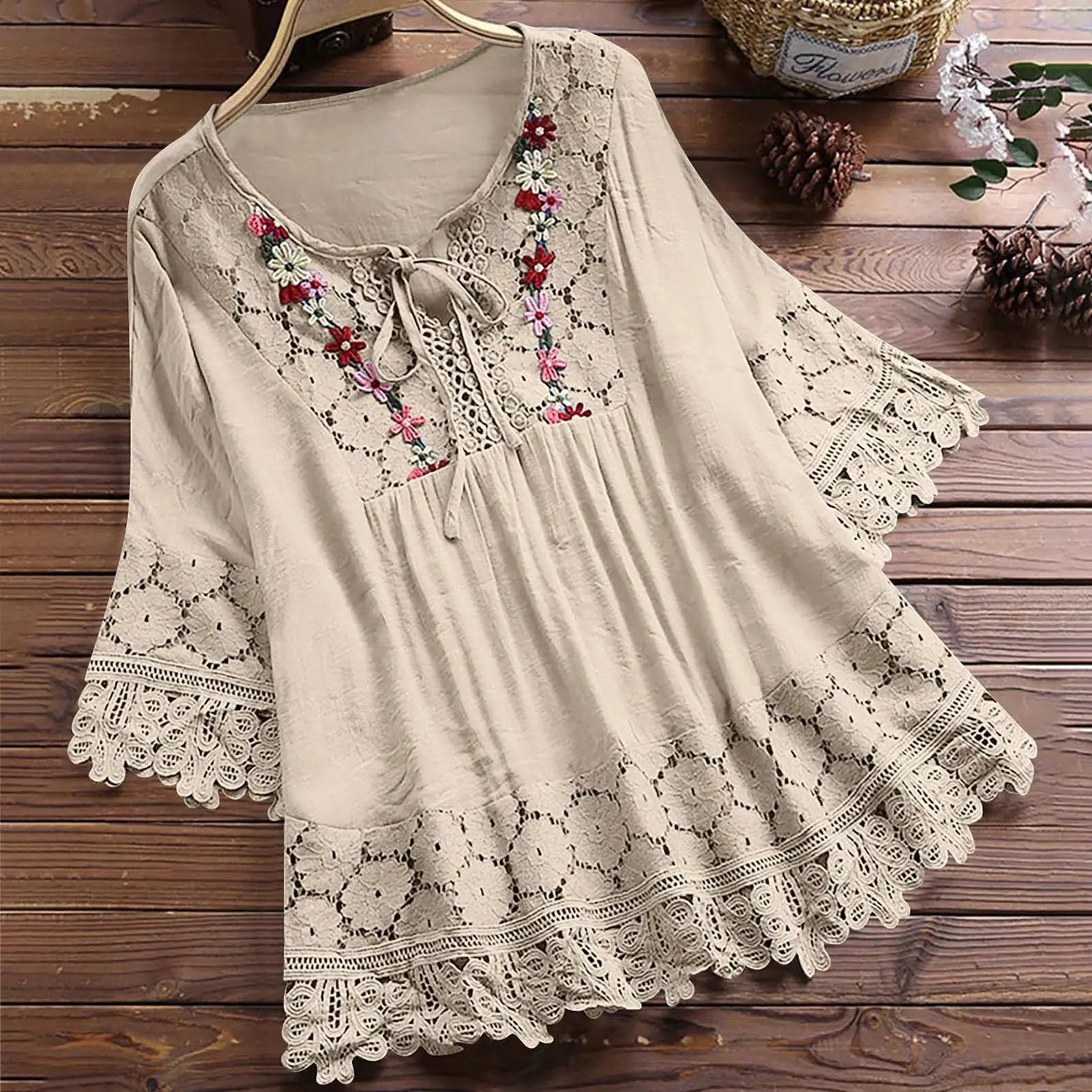 Summer Women Casual Solid Tops Shirt Cotton And Linen Stitching Lace Flower V-neck Loose Top Blouse New Elegant Holiday Shirts