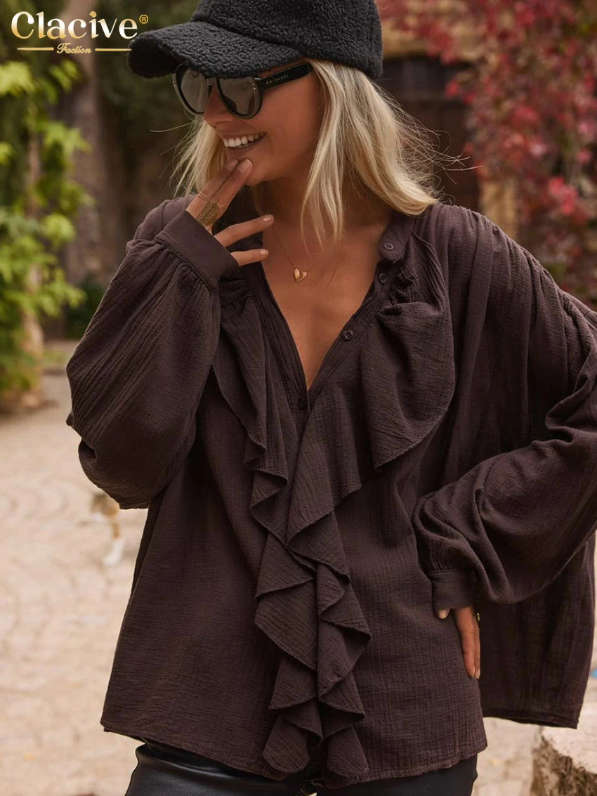 Clacive Casual Loose Brown Cotton Women's Shirt 2025 Fashion Stand Collar Long Sleeve Shirts Elegant Ruffle Top Female Clothing