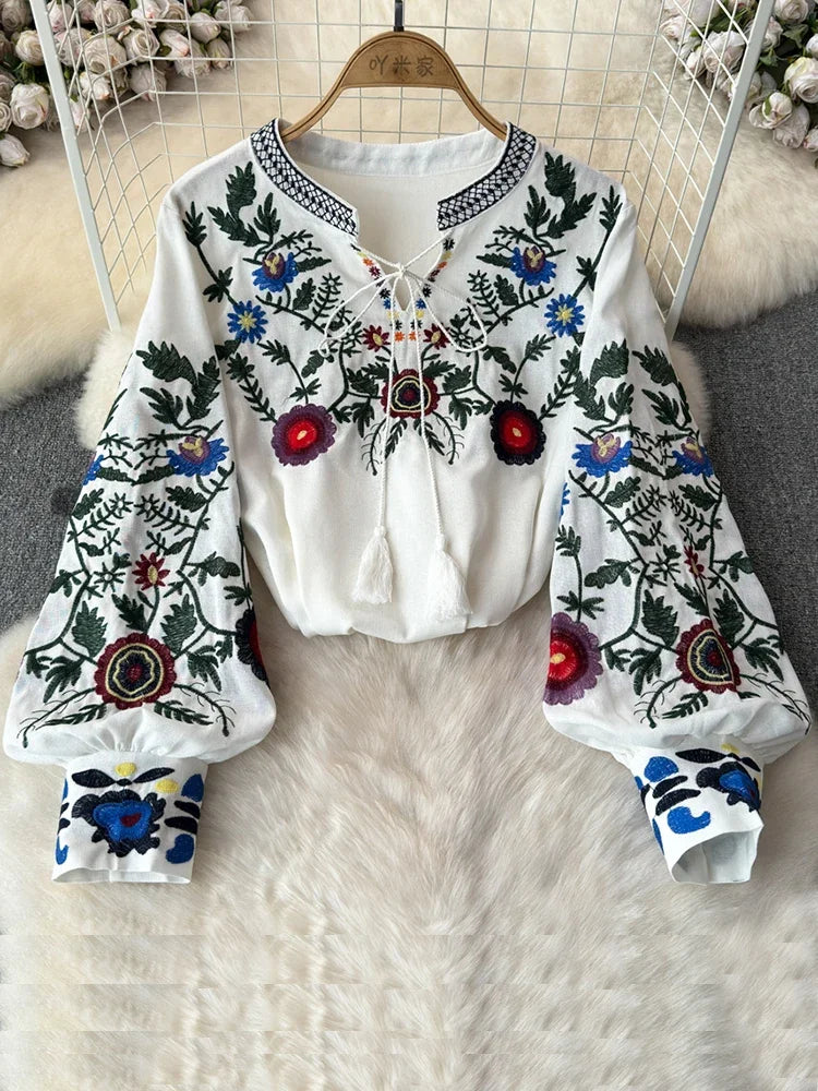 Women's Retro Blouse National Style Embroidered Lace-Up Tassel V-Neck Lantern Sleeve Tops Loose All-Match Female Blusa A21
