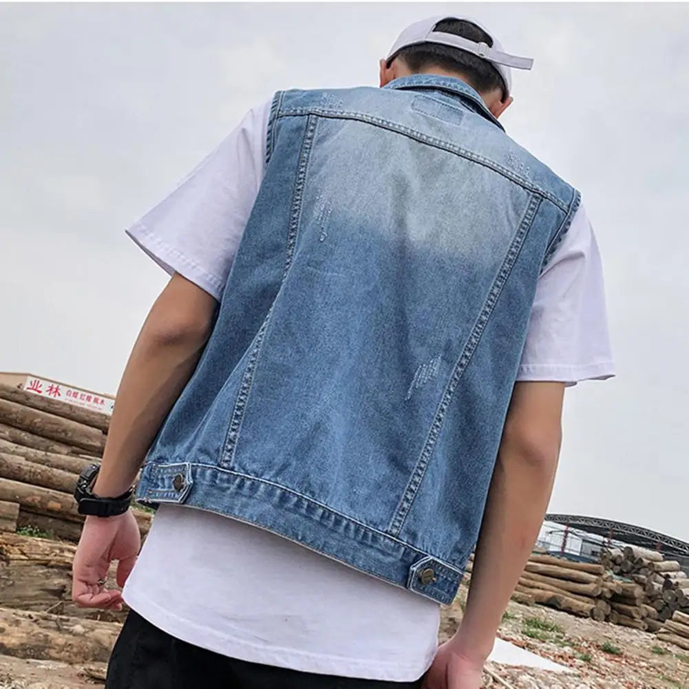 Denim Waistcoat Men's Sleeveless Denim Jacket with Ripped Holes Pockets Single Breasted Washed Waistcoat for Casual Loose Fit