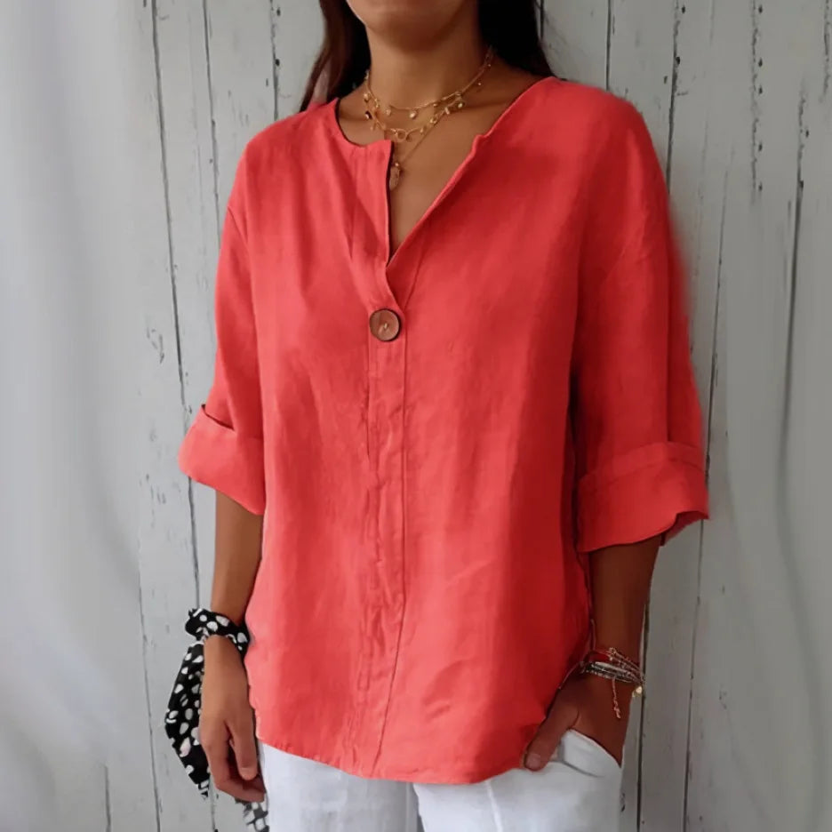 Summer Shirt And Blouses For Women Top V-neck Button Tee Shirts Casual 3/4 Sleeve White Top Loose Fit Pullover Women's