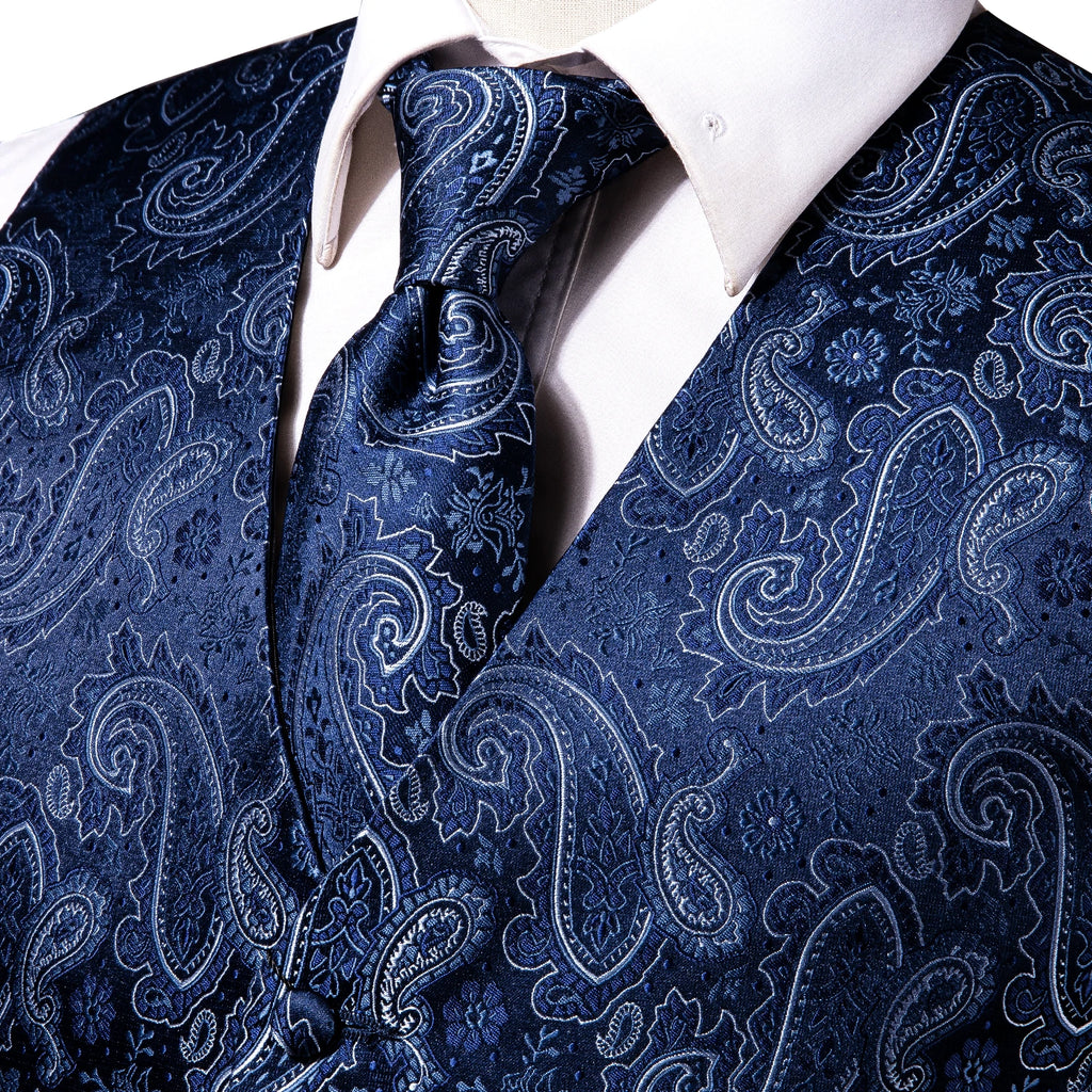 Hi-Tie Navy Blue Mens Vest Formal Silk Paisley Waistcoat Jacket Tie Handkerchief Cufflinks Set For Male Dress Suit Wedding Party