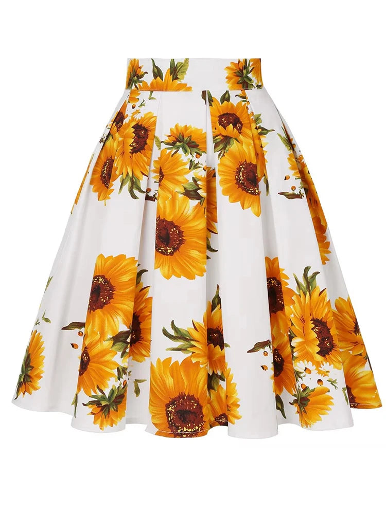 4XL Floral Music Print 50s 60s Swing Skirts Summer Casual Retro High Waisted Pleated Rockabilly Vintage Jurken Women Clothing