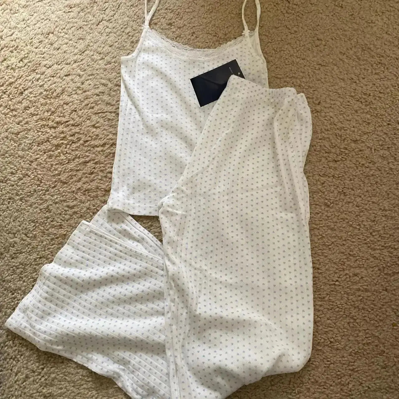 Eyelet White Tank Pant Home Set Woman Bow Slim Crop Top+Elastic High Waist Straight Trousers Summer Cotton Pajama 2 Piece Sets