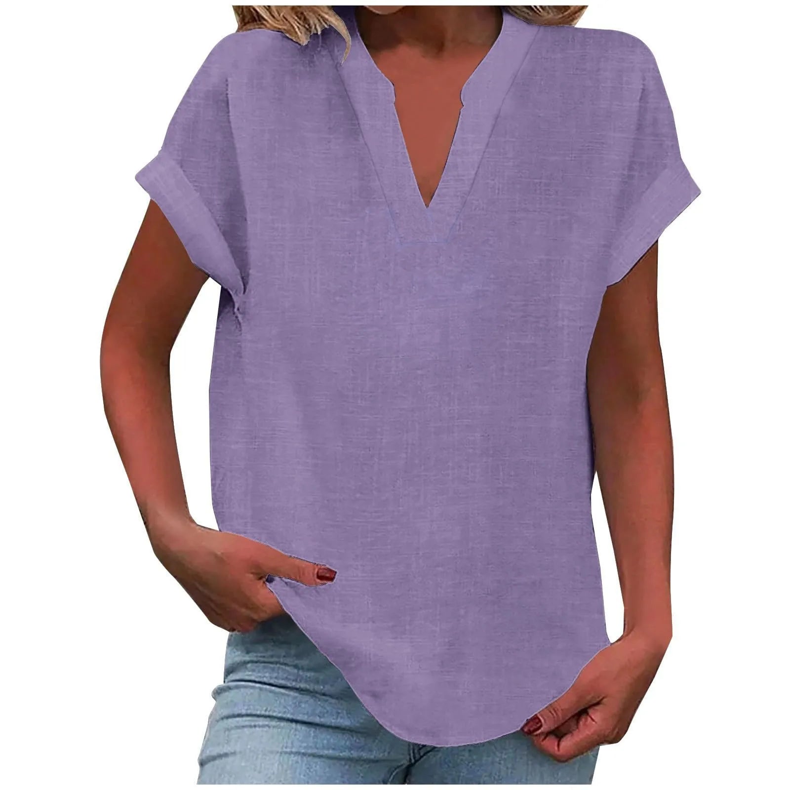 Summer Cotton Linen Breathable Solid Color Button Down V-neck Shirt Basic And Versatile Casual Comfortable Lady Office Tops 2025