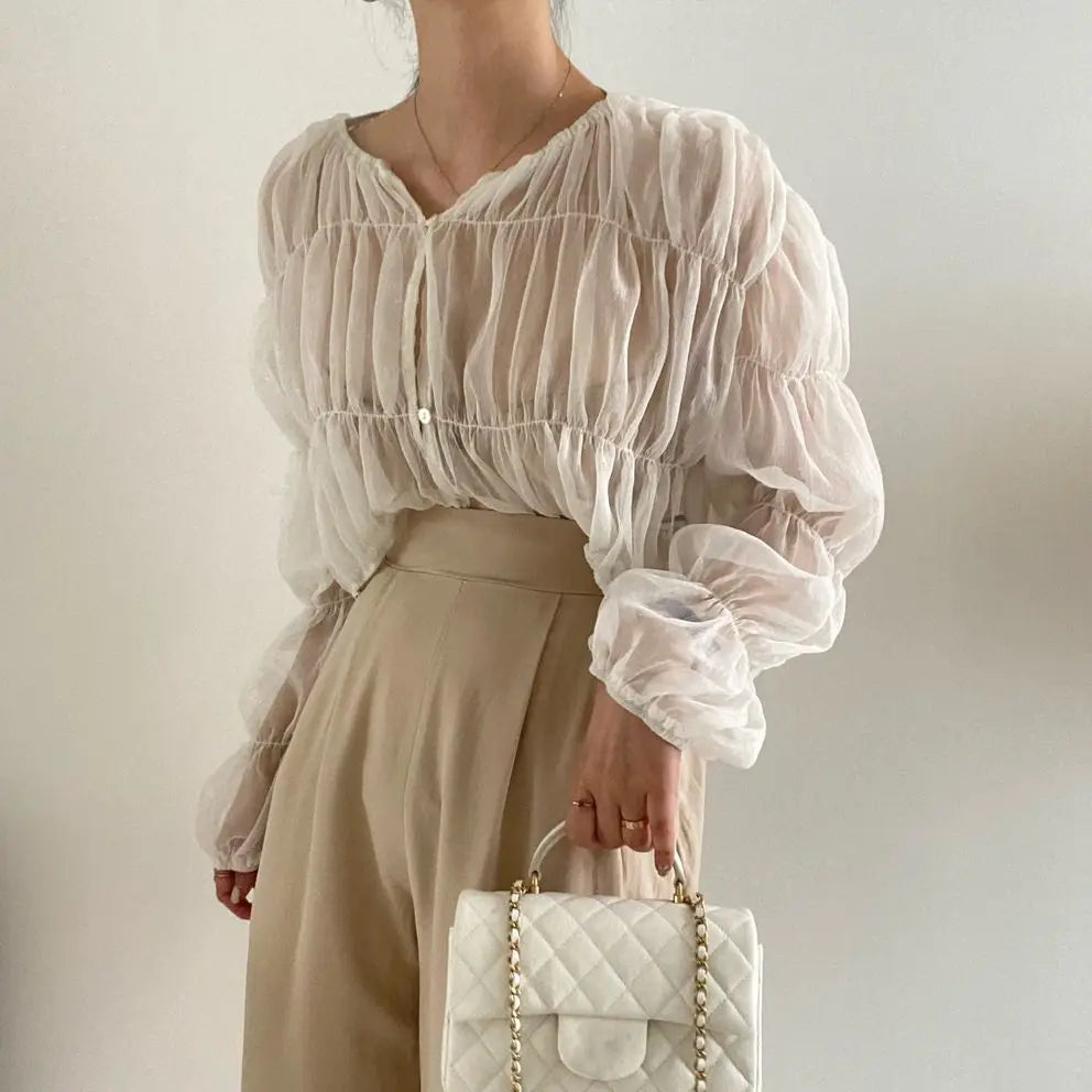 2Colors Korean style long sleeve blouses 2022 Spring Autumn womens Loose Pleated Chiffon tops and blouse Outwear Shirts(C0001)