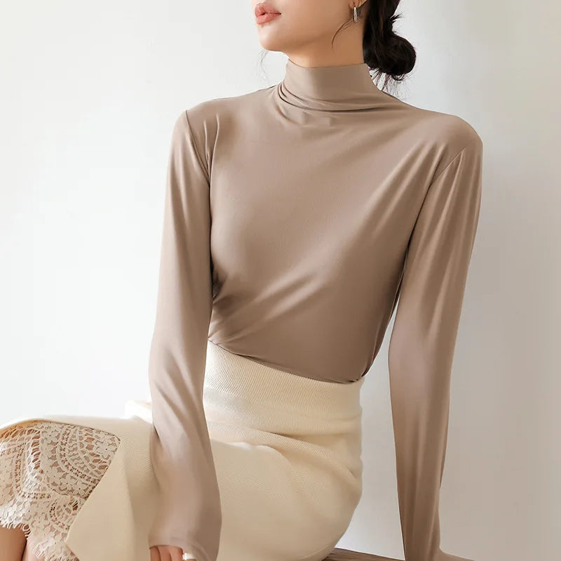 Autumn Women Long Sleeve T-shirt Pullovers Tops Casual Solid Mock Neck Thin Women Long Sleeve Pullovers Female Slim Inner Tops