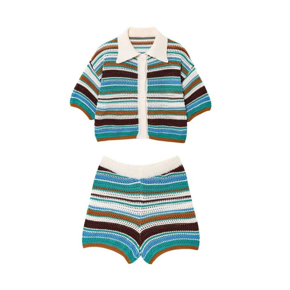 PB&ZA2024 autumn new women's clothing fashion temperament slim fit casual POLO collar short knitted sweater striped shorts set