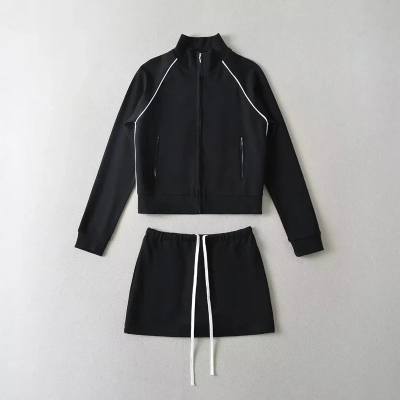 Zip Up Sweat and Mini Skirt Set for Women, Contrast Piping Detail, Co-ord