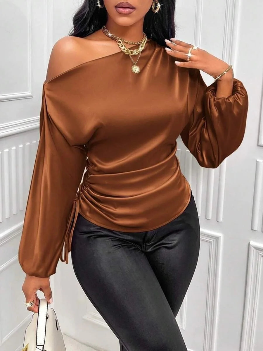 Autumn Winter Temperament Slant Shoulder Long Sleeve Sexy Open Shoulder Loose Slant Collar Design Blouse