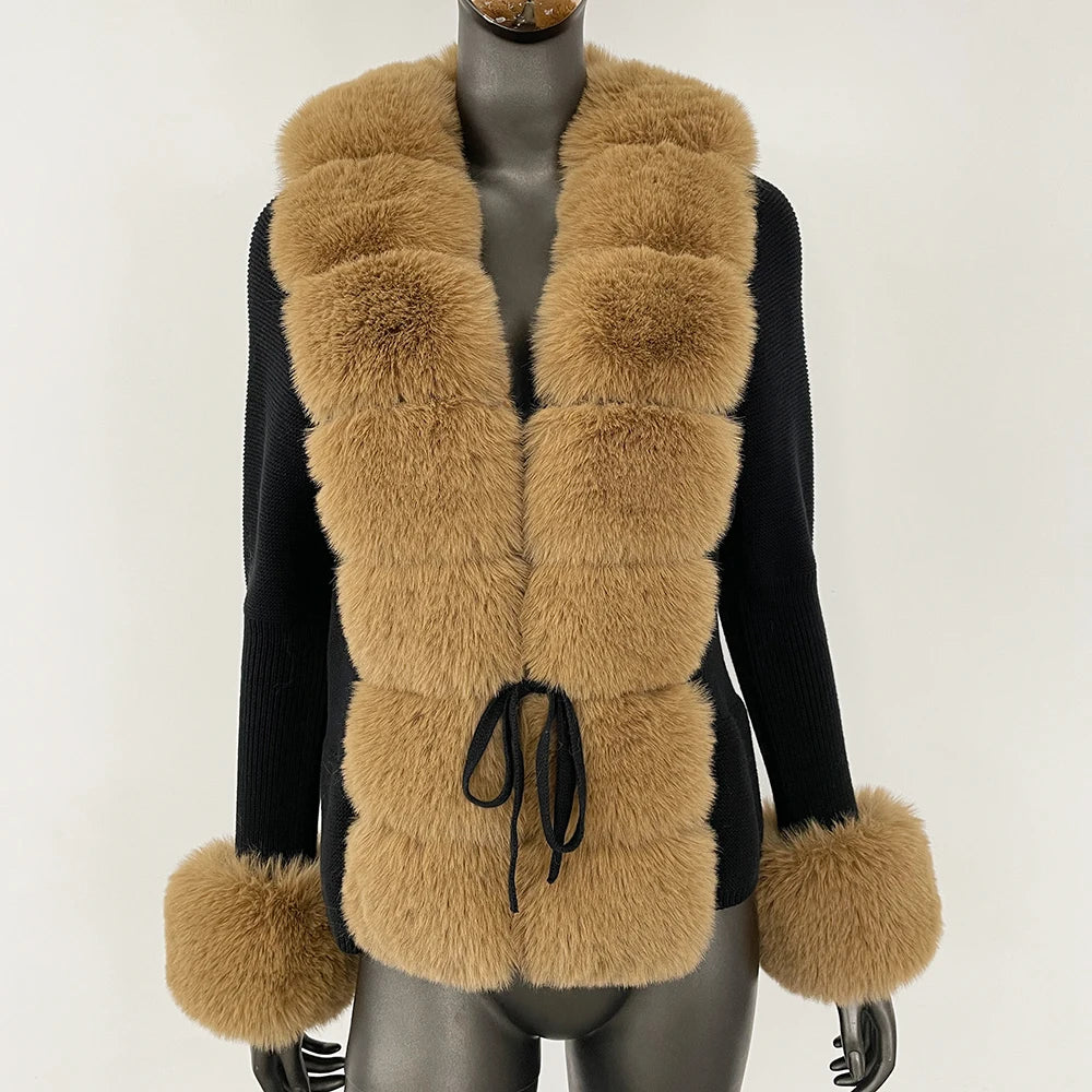 FURYOURSELF 2025 Autumn Winter Women's Short Knitted Sweater with Artificial Fur New Brazilian Best-selling Women's Cardigan