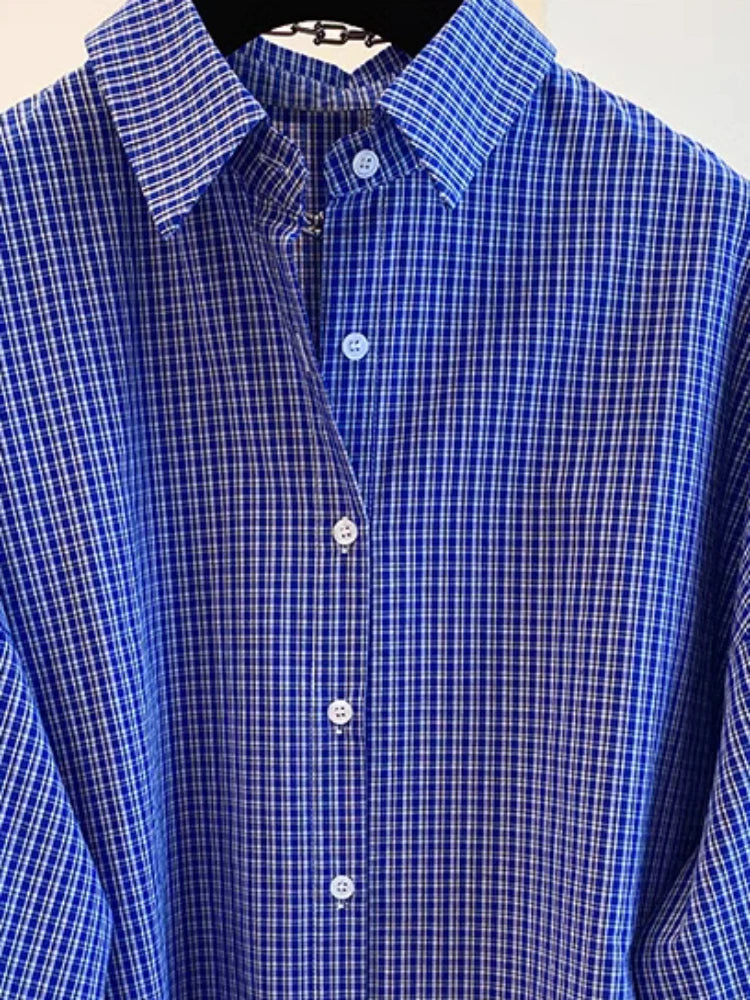 Blue Plaid Long Sleeve Loose Shirts Fashion Korean Split Bandage Blouse Women Oversized Spring Tops 2025 Casual Vintage Blouses