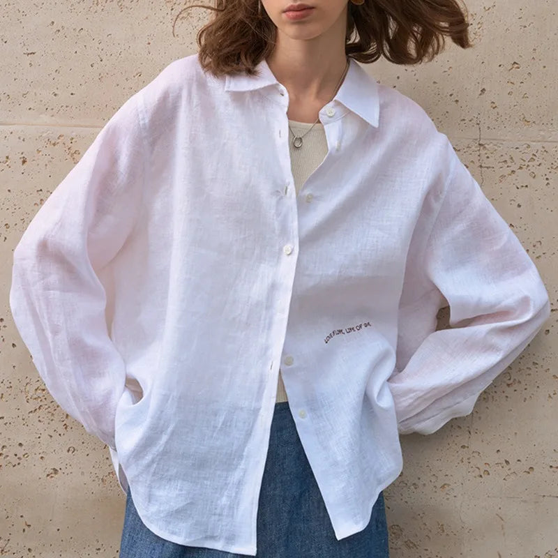 100% Linen Shirt Women 2025 Spring And Summer New Casual Lapel Sunscreen Cardigan Embroidery Long-Sleeved White Shirts