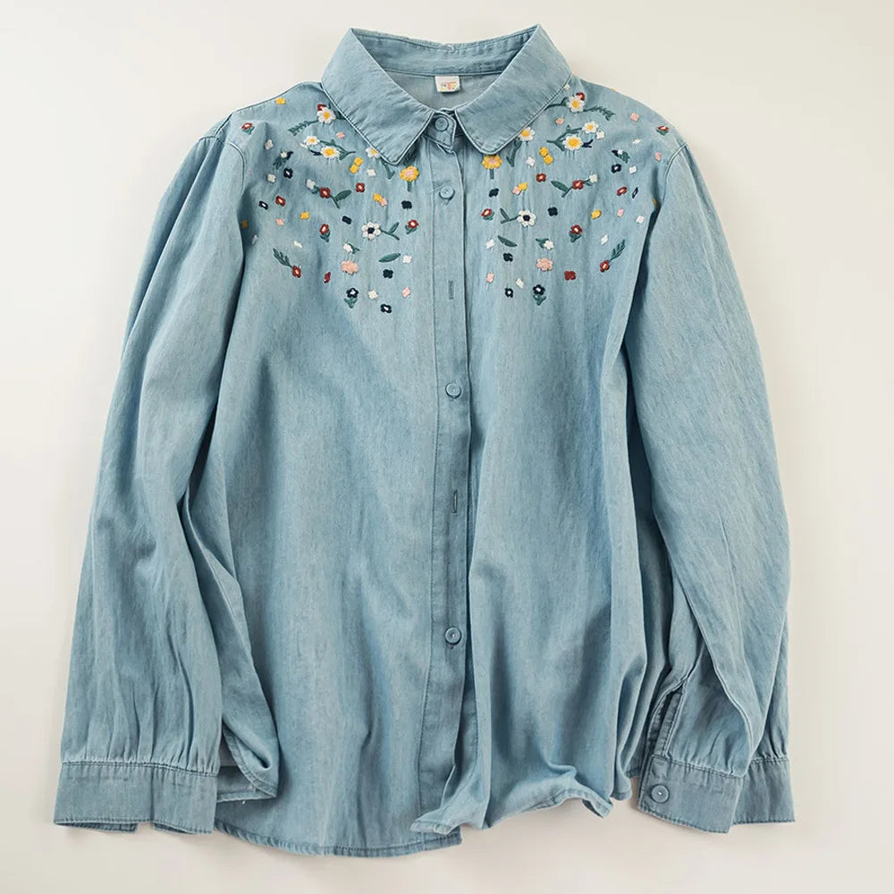 Harajuku fashion cotton denim spring blouses 2025 long sleeve women's embroidered shirts pretty blouses woman jean shirts
