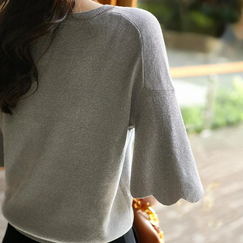 Women's Summer Knitted Shirt Petal Sleeve V-neck Solid Tops Loose Short Sleeve Ice Silk Sweater Fashion Women Shirt 14799