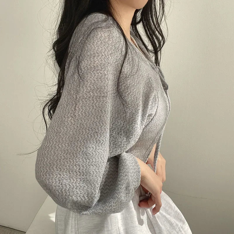 White Knitted Cardigan for Women Summer Thin Sunscreen Lace-Up Knitwear Tops Female Fashion Korean Lantern Sleeve Short Coat