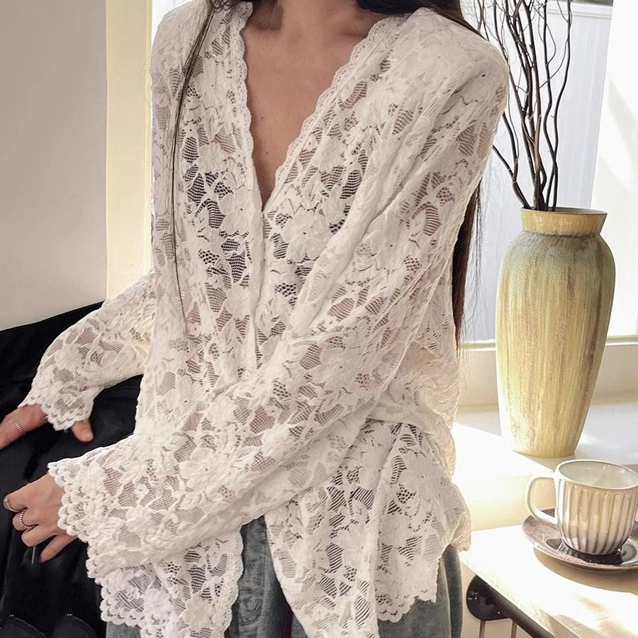 Sexy Lace See Through Grunge Blusas Y2k Aesthetic Single Breasted Oversized Women Blouse Vintage Embroidery Flower Harajuku Tops