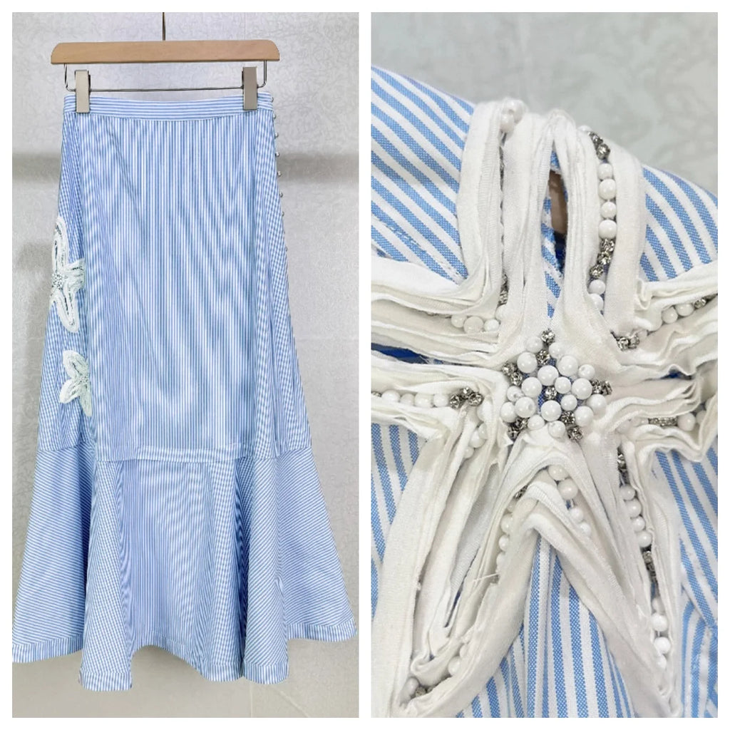 Blue and White Stripes Suit Heavy Industry Flower Embroidery Hollow Lapel Loose Shirt Skirt Design Sense Summer 2025 New Style