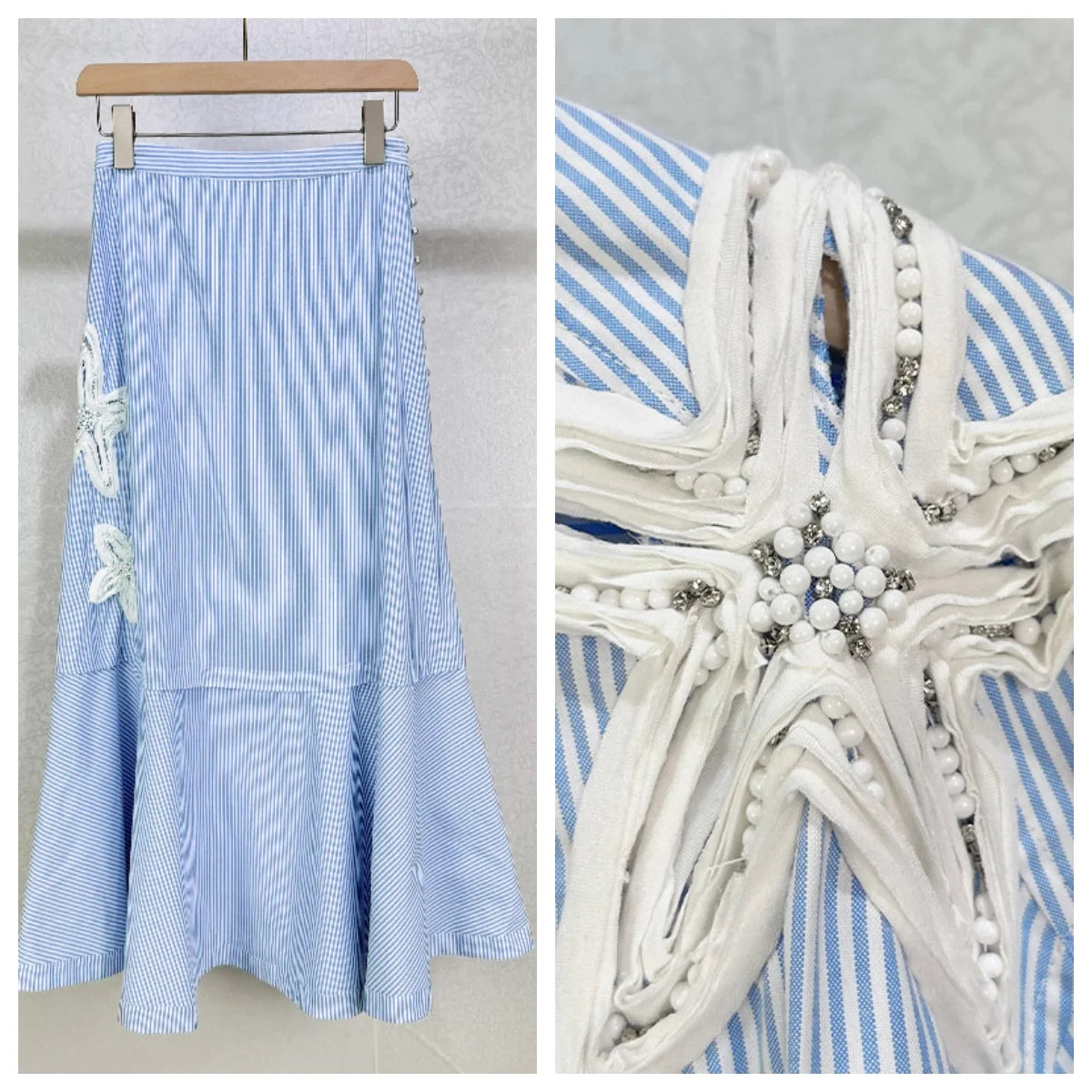 Blue and White Stripes Suit Heavy Industry Flower Embroidery Hollow Lapel Loose Shirt Skirt Design Sense Summer 2025 New Style
