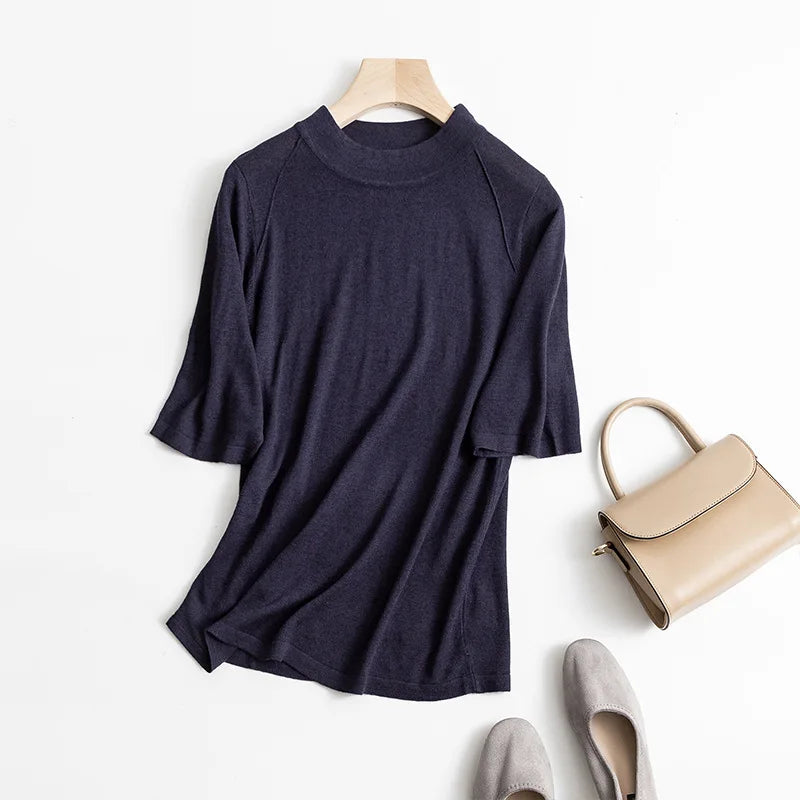 Good Quality 85% Silk 15% Wool High Neck half sleeve pullover Top Sweater M-2XL SG317