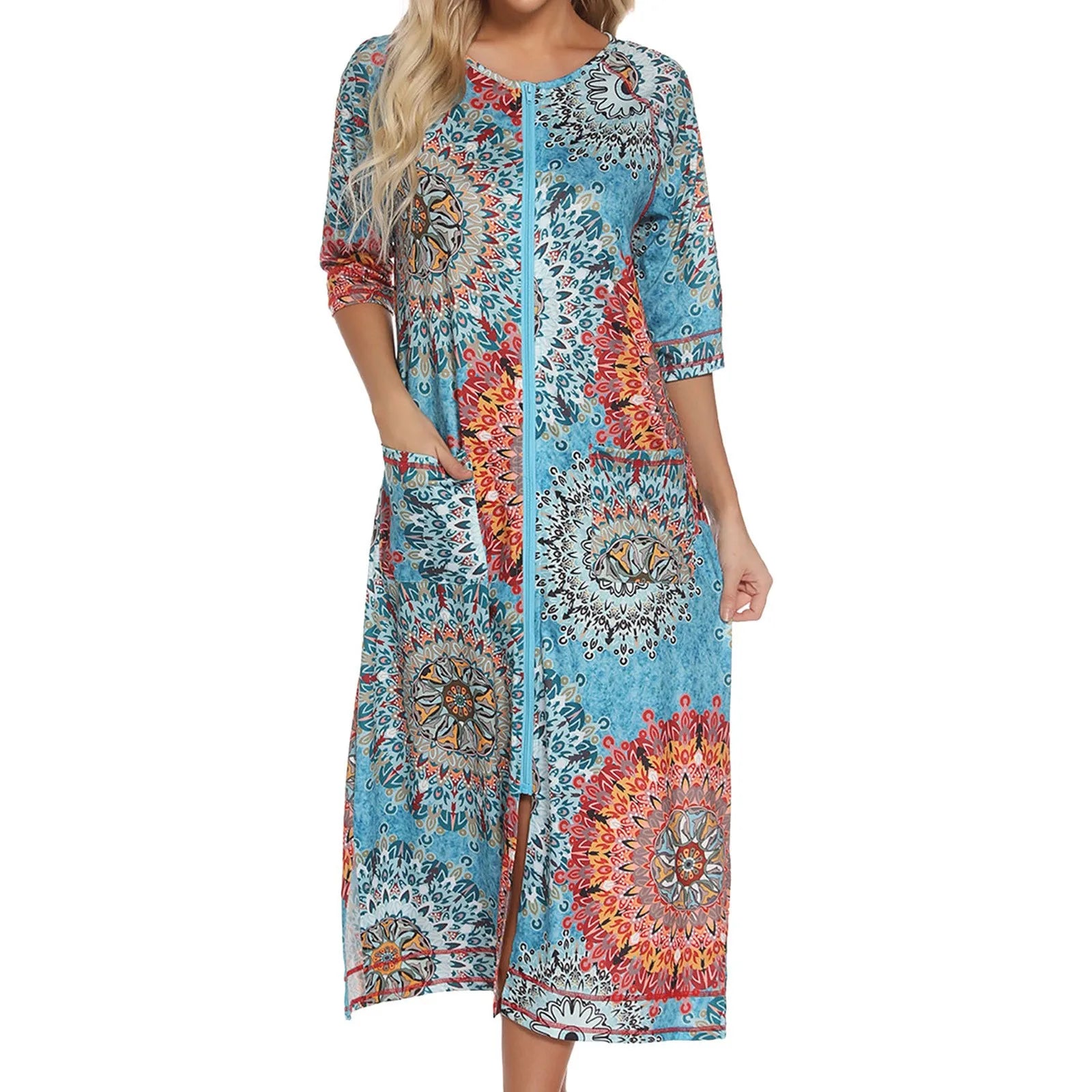 Summer Dresses For Women 2024 Zipper Front Robe Half Sleeve Bathrobe Full Length Soft Cotton Duster Dress With Pockets Home Wear