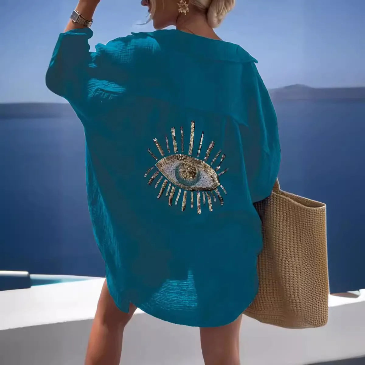 2025 Long Sleeve Loose Shirts Evil Eye Casual Sequin Beaded Shirt Spring Geometric Eye Top Turn-down Collar Button Long Blouse