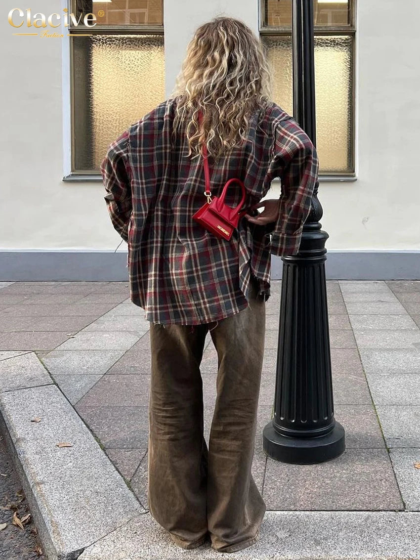 Clacive Fashion Loose Plaid Women's Shirt 2025 Vintage Lapel Long Sleeve Blouses Elegant Classic Blusas Top Female Clothing