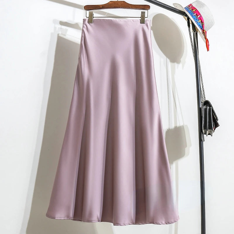 Women's Long Skirt 2024 New Fashion Satin Skirt Office Lady Elastic Waist Solid Champagne Purple Red Silk A-LINE Skirt for Women