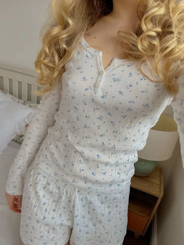 Eyelet Buttons White Long Sleeve T-shirt Shorts Set Woman Slim Tees+Elastic Straight Sweatshort Cotton Home Pajama 2 Piece Sets