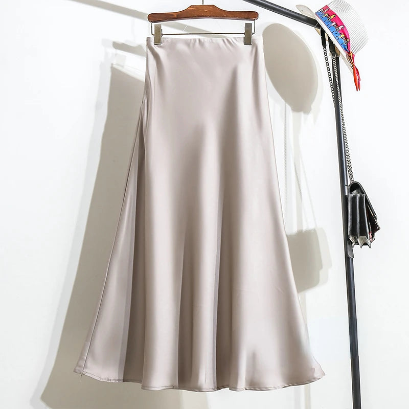 Women's Long Skirt 2024 New Fashion Satin Skirt Office Lady Elastic Waist Solid Champagne Purple Red Silk A-LINE Skirt for Women